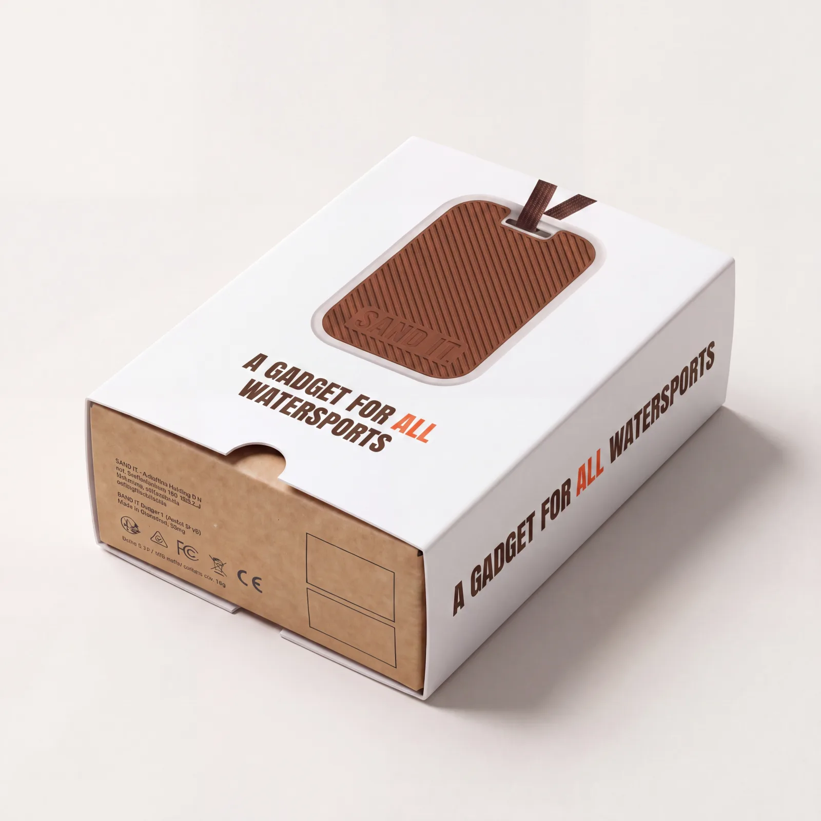 SANDIT box printed with “A gadget for all watersports”